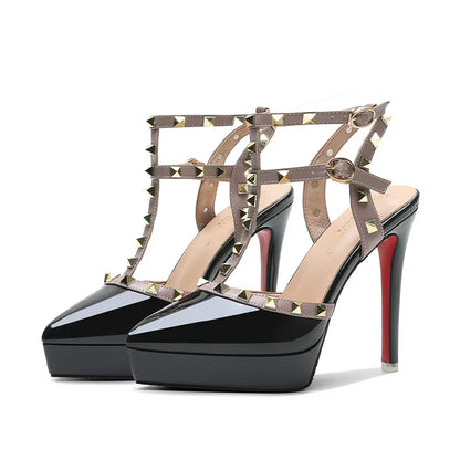 Fashion Buckle Strap Women Pumps 2024 New Summer 10CM 12CM Rivet Single Shoes Waterproof Platform Ladies Pointed Toe High Heels