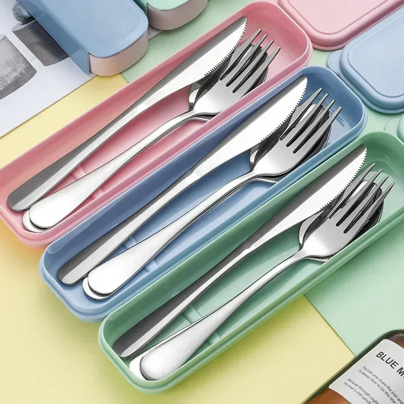 Juego de cubiertos portátil de acero inoxidable con caja de almacenamiento, palillos, tenedor, cuchara, cuchillo, vajilla de viaje, cubiertos para acampar