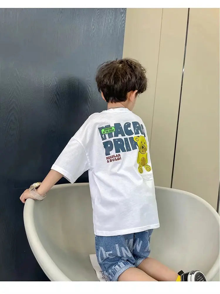 Camiseta de manga corta de verano para niños, Top de cuello redondo para niños pequeños y medianos, moda informal versátil de media manga