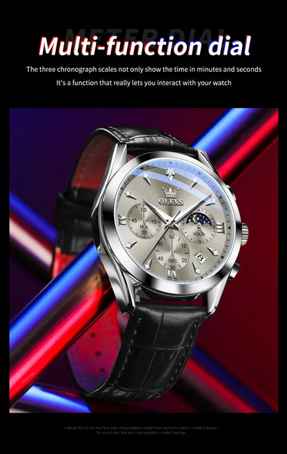 OLEVS 3609 Original Moon Phase Chronograph Man Watch Leather Strap Waterproof Luminous Luxury Brand Quartz Wrist Watches for Men