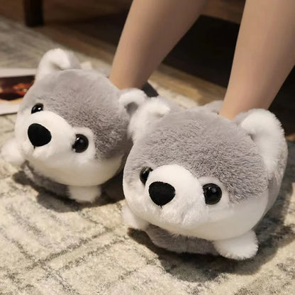 Woman Super Cute Cartoon Husky Dog Plush Doll Slippers Lovely Soft Stuffed Animal Cotton Shoes Warm Winter Indoor Anime Slides