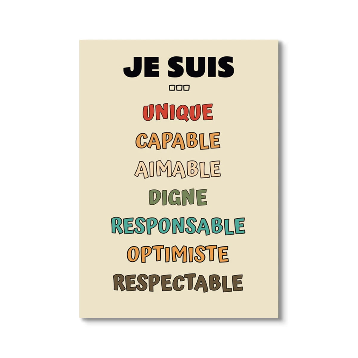 Social Psychology Affirms Children's "I Am" French Canvas Print Rainbow Mental Health Wall Art Poster for Classroom School Decor