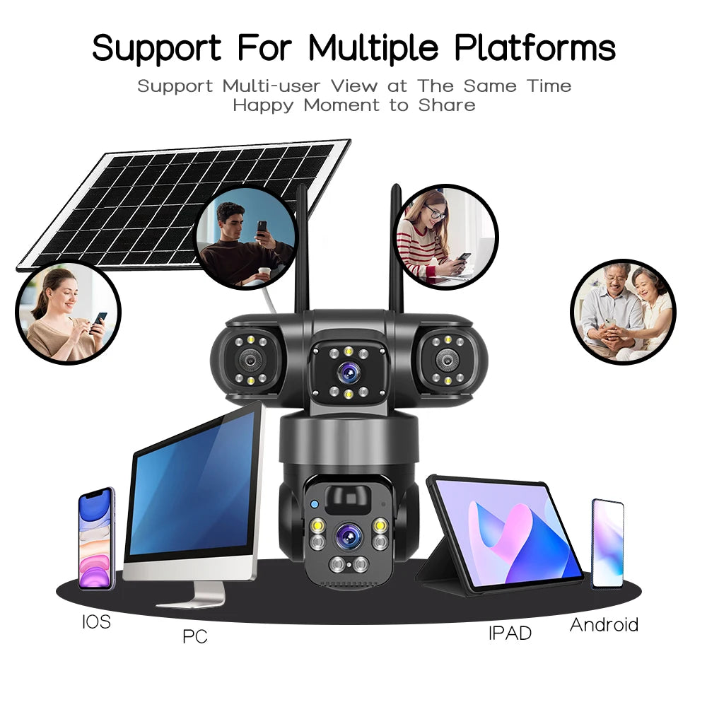 12MP 6K 3 Lens 3 Screen 4G Outdoor Solar Camera Wireless WiFi IP Cameras PIR Auto Tracking Solar Security CCTV Surveillance Cam