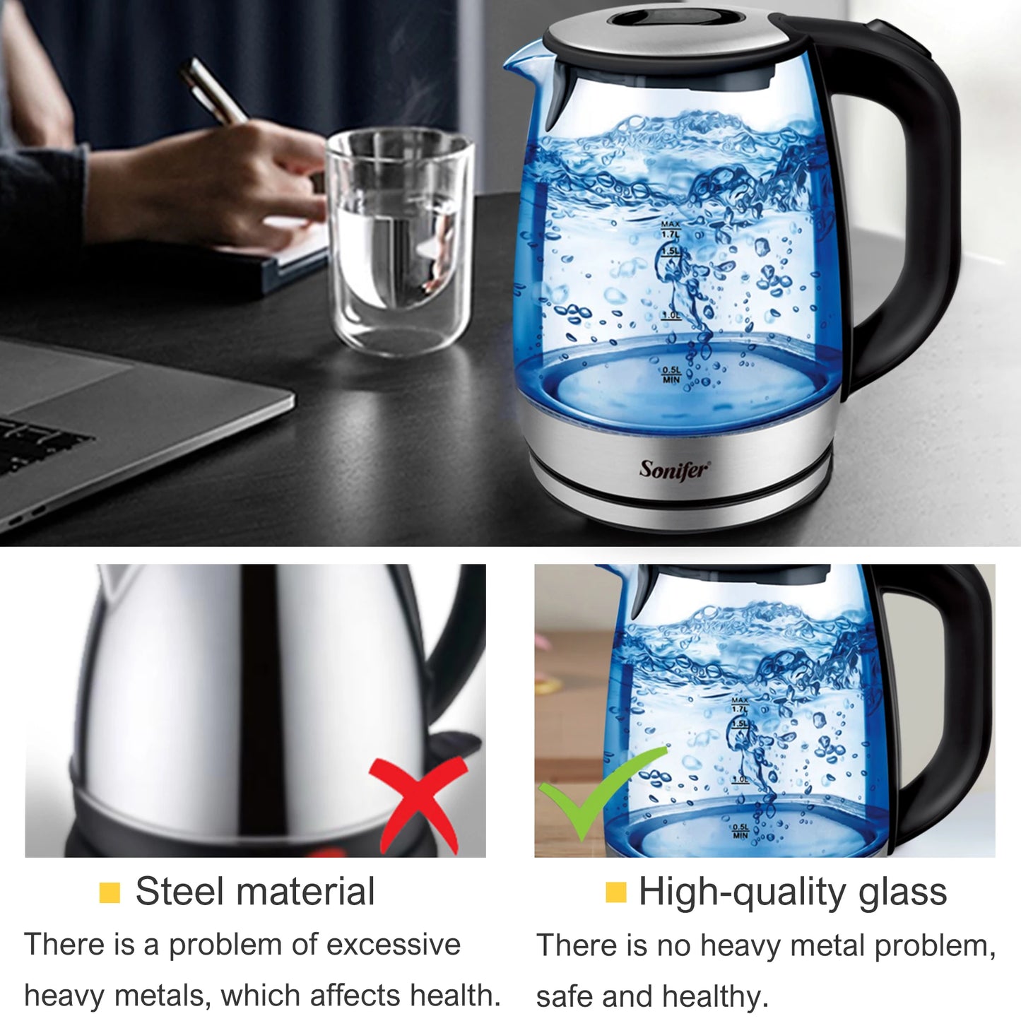 Hervidor eléctrico de vidrio con iluminación LED, 2200 W, saludable, de ebullición rápida, sin BPA, Sonifer