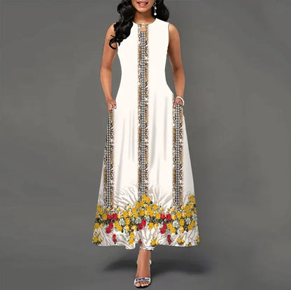 Vestido longo sem mangas com decote em v feminino, vestidos retrô boêmios, estampa floral, swing, casual, novo