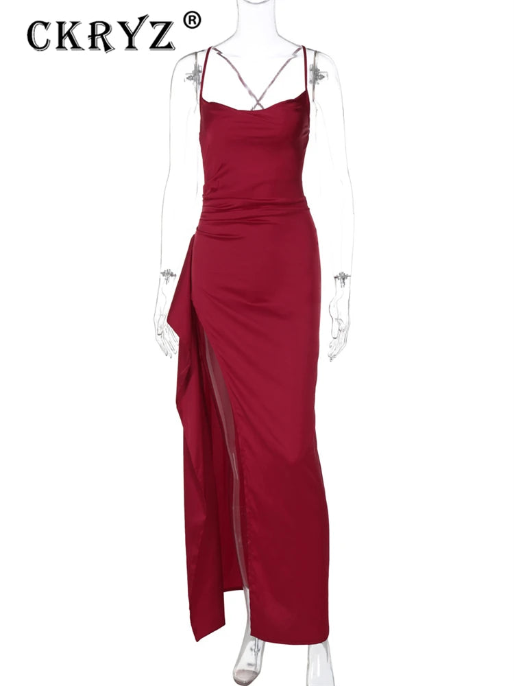 Ladies Autumn Satin New Fashion Evening Party Dress Women Sleeveless Backless Side Slit Maxi Dress Night Clubwear Fall Outfits