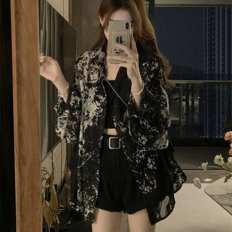 Camisa de gasa con estampado de tinta MM, talla grande, gordita, de 136 kg, estilo retro, holgada, de manga larga, para mujer