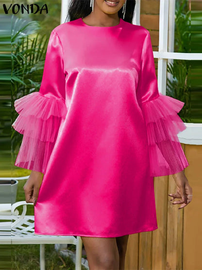 Plus Size 5XL VONDA 2024 Summer Dress Bohemian Women Short Lantern Sleeve Satin Mini Vestido V Neck Solid Elegant Party Sundress