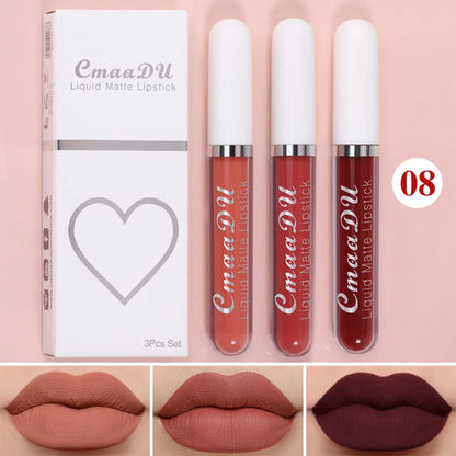 Juego de 3 brillos labiales de terciopelo mate, resistentes al agua, de larga duración, líquidos, cosméticos, maquillaje que dura 24 horas.