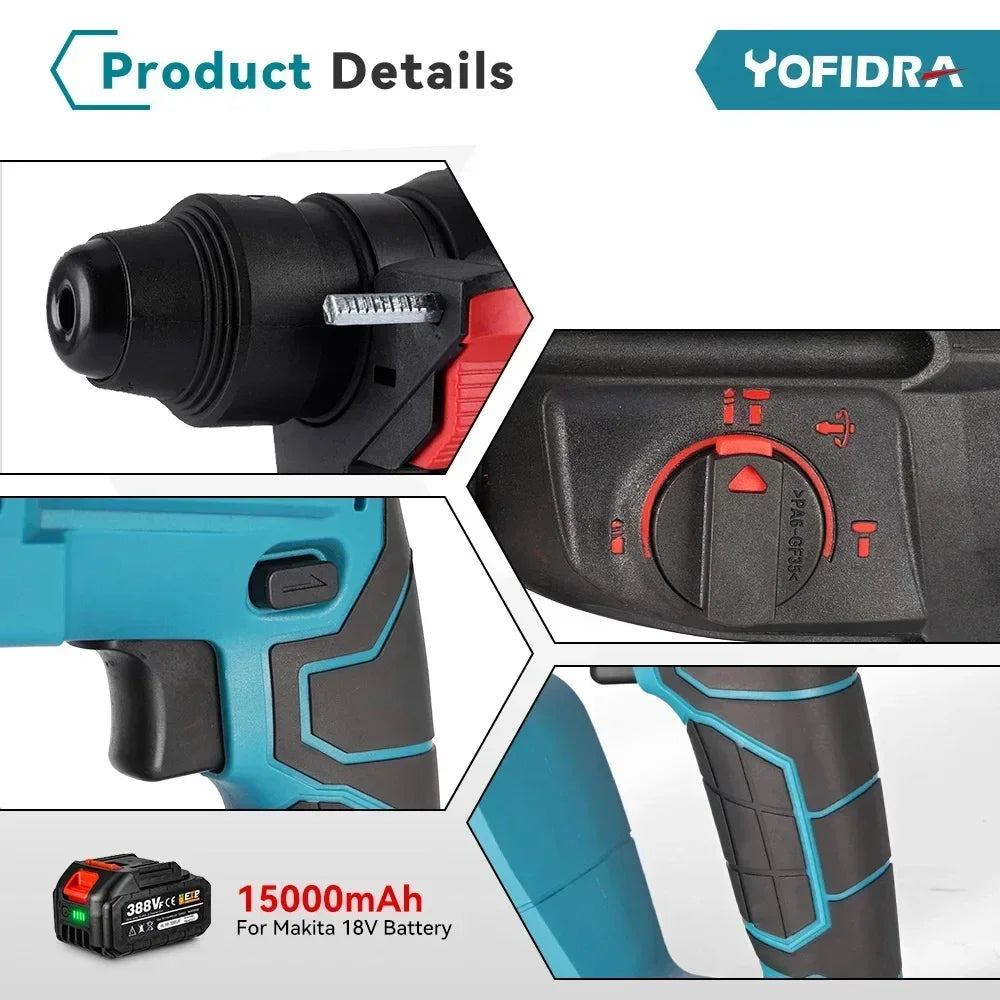 Yofidra 26mm Cylinder Brushless Motor Electric Hammer Drill with Drill Bits.for Makita 18V Battery Cordless Impact Rotary Drill