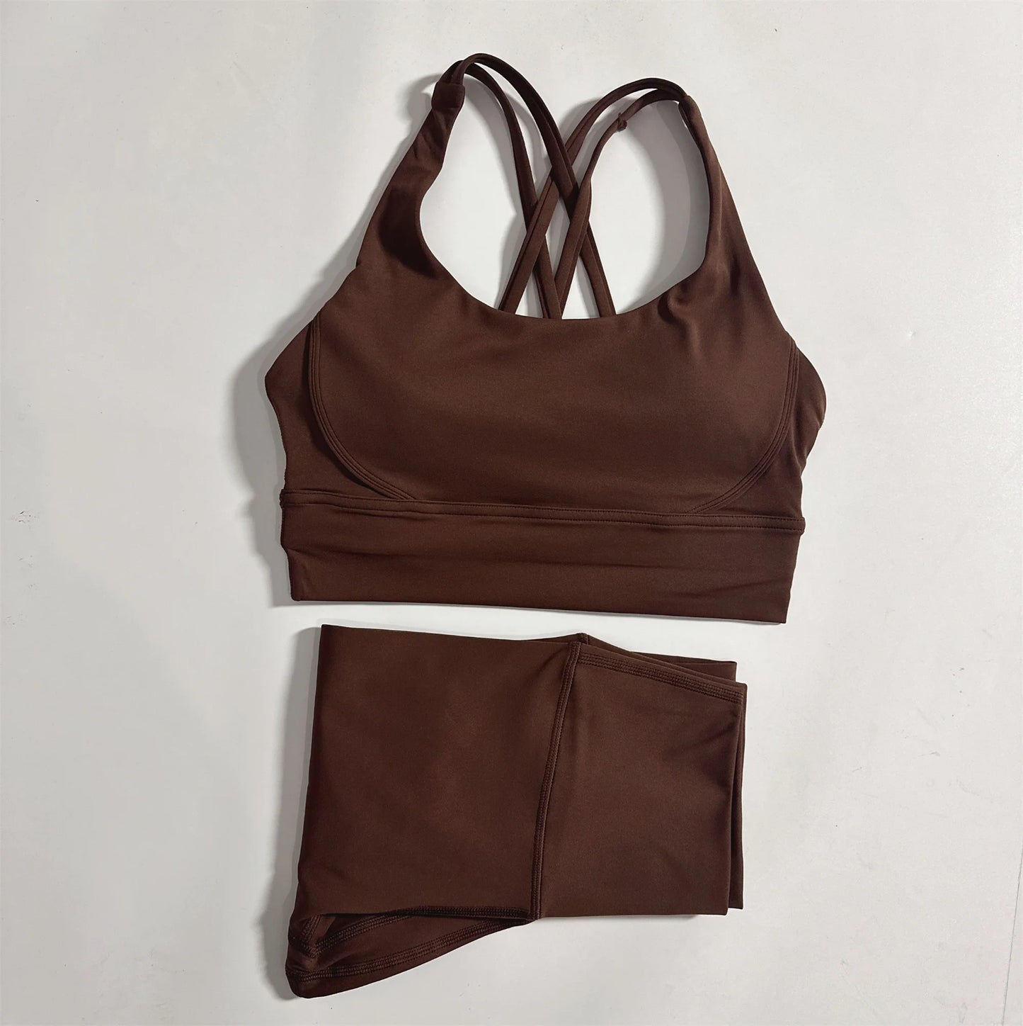 Conjunto de fitness para gimnasio de color sólido, sujetador deportivo cruzado suave y ajustado, 2 piezas de compresión, leggings de yoga de cintura alta, traje de entrenamiento integral para correr
