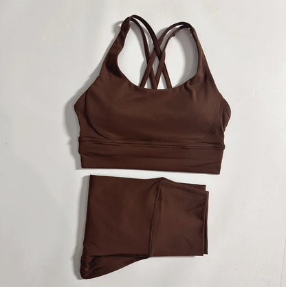 Conjunto de fitness para gimnasio de color sólido, sujetador deportivo cruzado suave y ajustado, 2 piezas de compresión, leggings de yoga de cintura alta, traje de entrenamiento integral para correr
