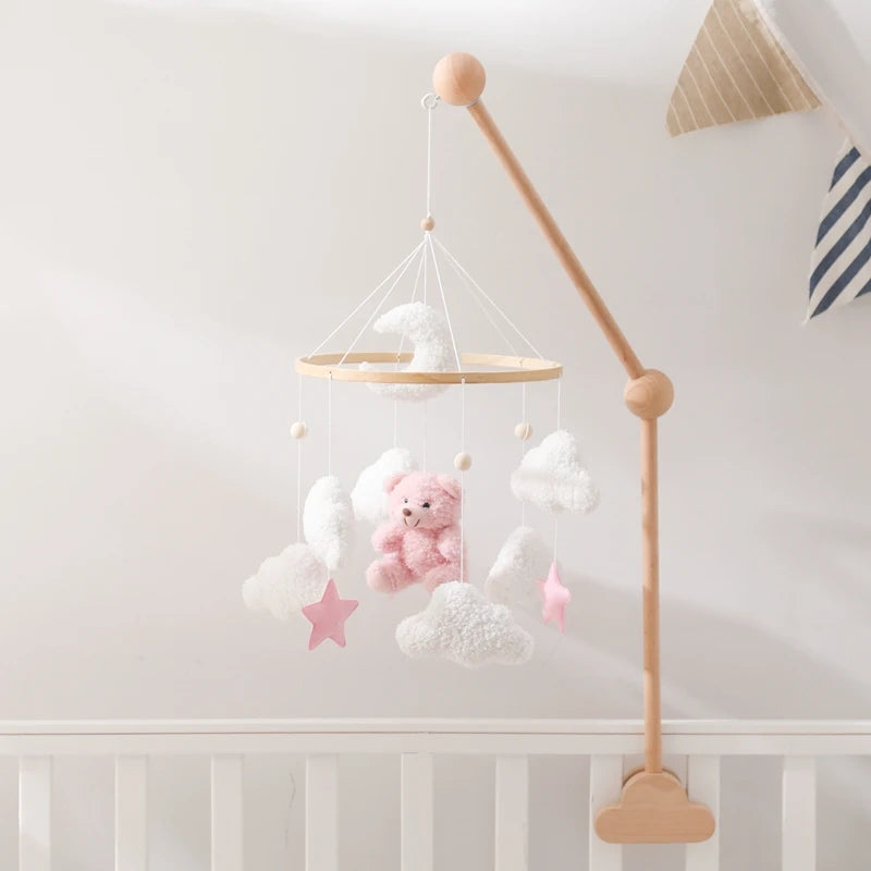 Baby Crib Mobile Rattle Toy Wooden Bed Bell Mobile Hanging Teddy Velvet Bear Doll Toy Newborn Music Box Crib Mobile Bracket Gift
