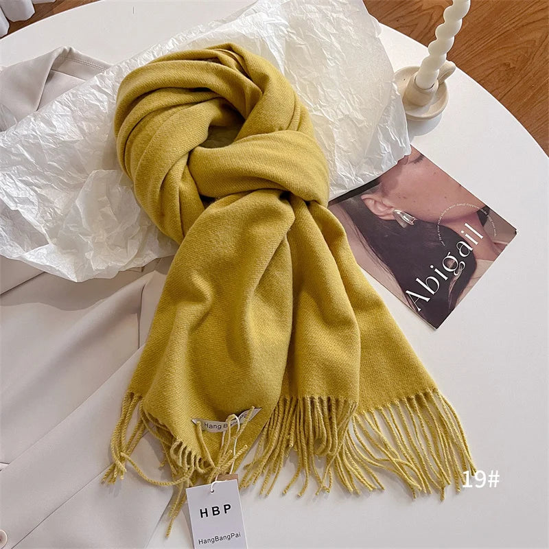New Winer Warm Cashmere Scarf for Women Fashion Solid Thick Blanket Pashmina Shawl Wrap Female Bufanda Echarpe Foulard 2024