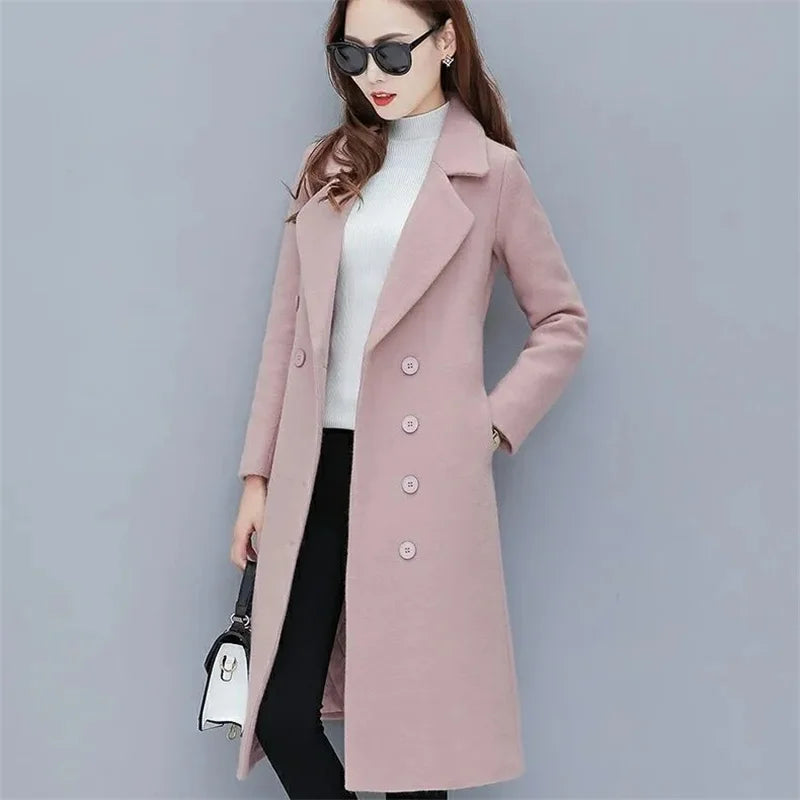 Female Woolen Coat Velvet 2023 Women's Double-Breasted Woolen Coat Spring and Autumn Woolen Coat Fashion Suit Collar ThickTrench