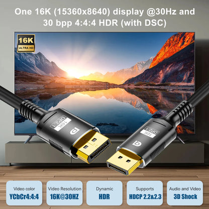 16K DP 2.1 8K@120Hz 4K@240Hz 80Gbps HDR Video Audio Displayport Cable Display Port for Laptop TV Xbox Projector Gaming Monitor