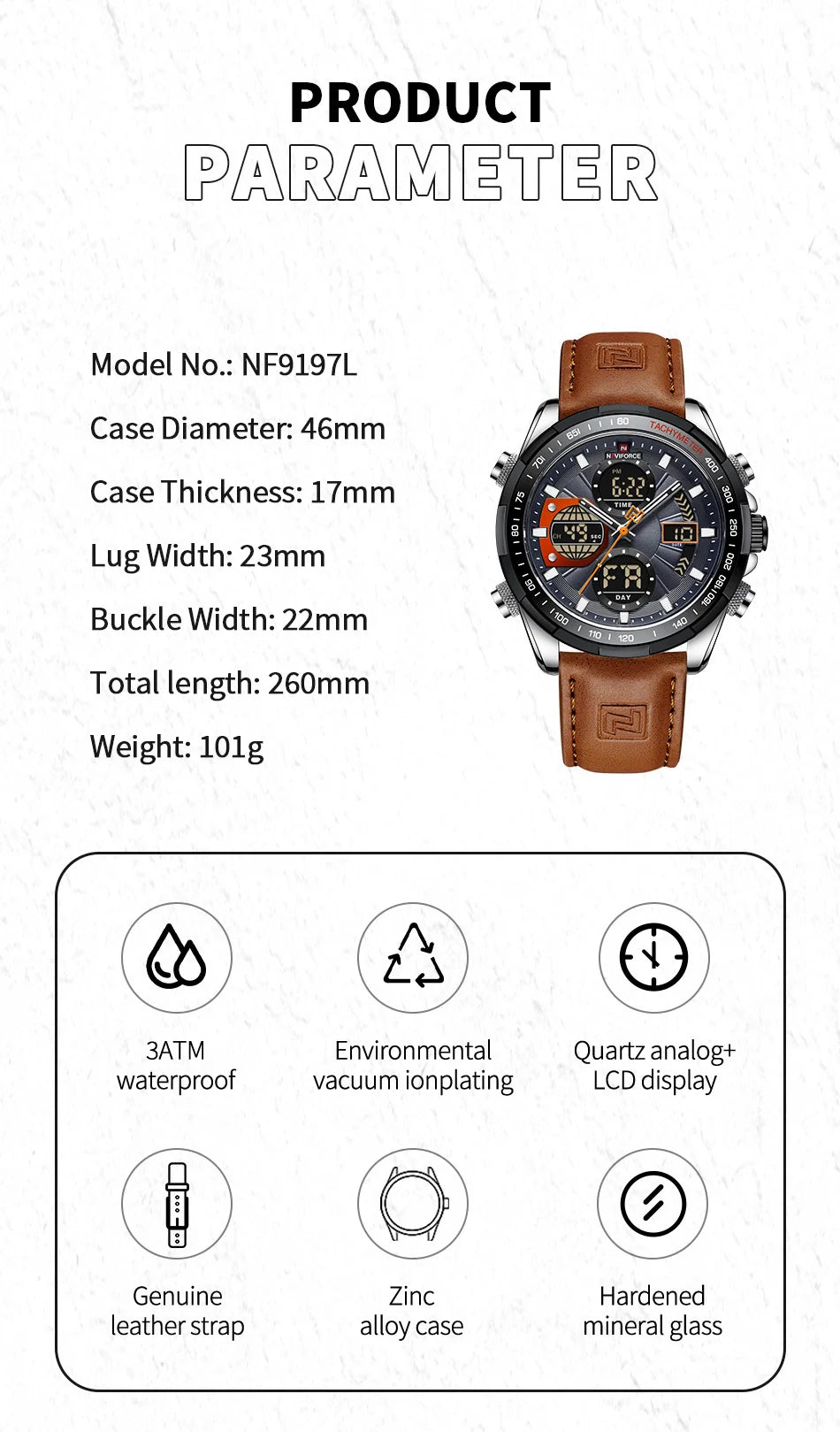 NAVIFORCE 2021 - Reloj deportivo para hombre, resistente al agua, con pantalla dual, luminoso, de cuarzo y cuero genuino, masculino
