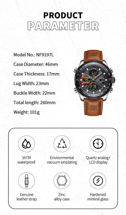 NAVIFORCE 2021 - Reloj deportivo para hombre, resistente al agua, con pantalla dual, luminoso, de cuarzo y cuero genuino, masculino