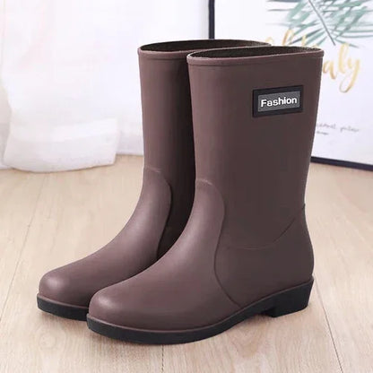 Botas de chuva impermeáveis femininas, capa de algodão, sapato de borracha antiderrapante, tubo médio, quatro estações, ao ar livre, moda, quatro estações