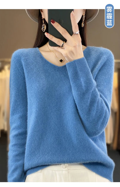 Suéter básico de otoño-invierno 2024 para mujer, 100 % lana merino, cuello en V, tejido de punto liso, jersey de oficina para mujer, manga larga, cachemir.