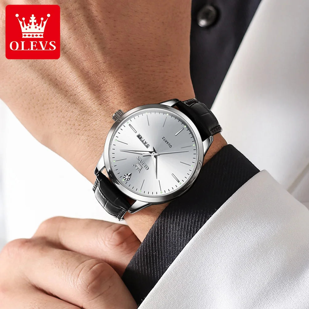 OLEVS 2935 Dual Calendar Quartz Dress Watch For Men Simple Original Leather Men's Watches Waterproof Luminous Business Hand Clock