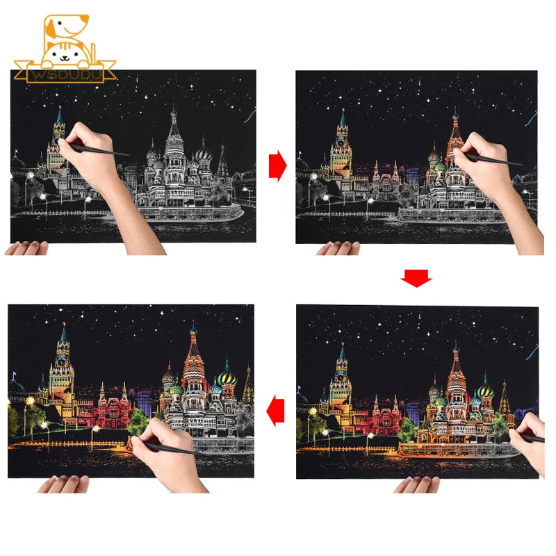 2 Sheets Scratch Paper Art Kit DIY Craft World Landmarks Animals City Scene Stylus Drawing Toy Adult Stress Relief Creative Gift