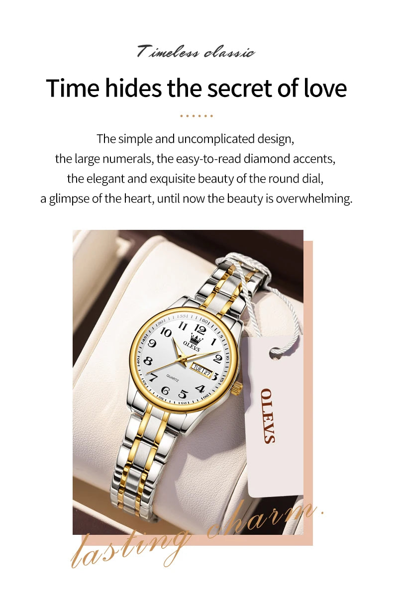 Relogio feminino de luxo bicolor aço inoxidavel e calendario duplo