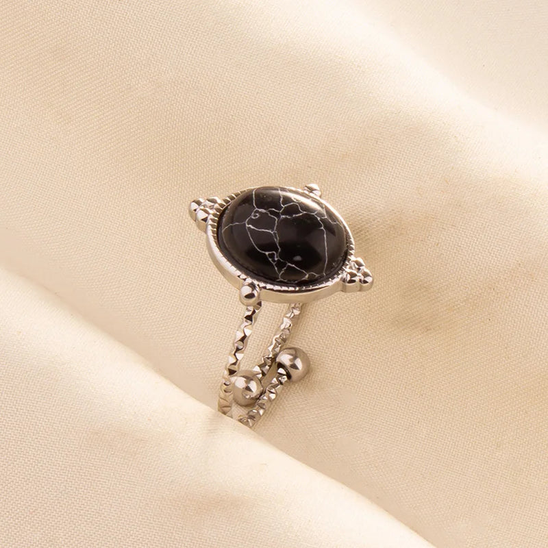 1pc Boho Turquoise Ring Stainless Steel Black Stone Silver Color Adjustable Ring Women Ethnic Ring Bohemian Jewelry Gift No Fade