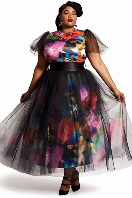 Vestido de dos piezas floral negro de talla grande para mujer, cuello redondo, manga corta, malla en contraste, para invitada de boda, moda de otoño 