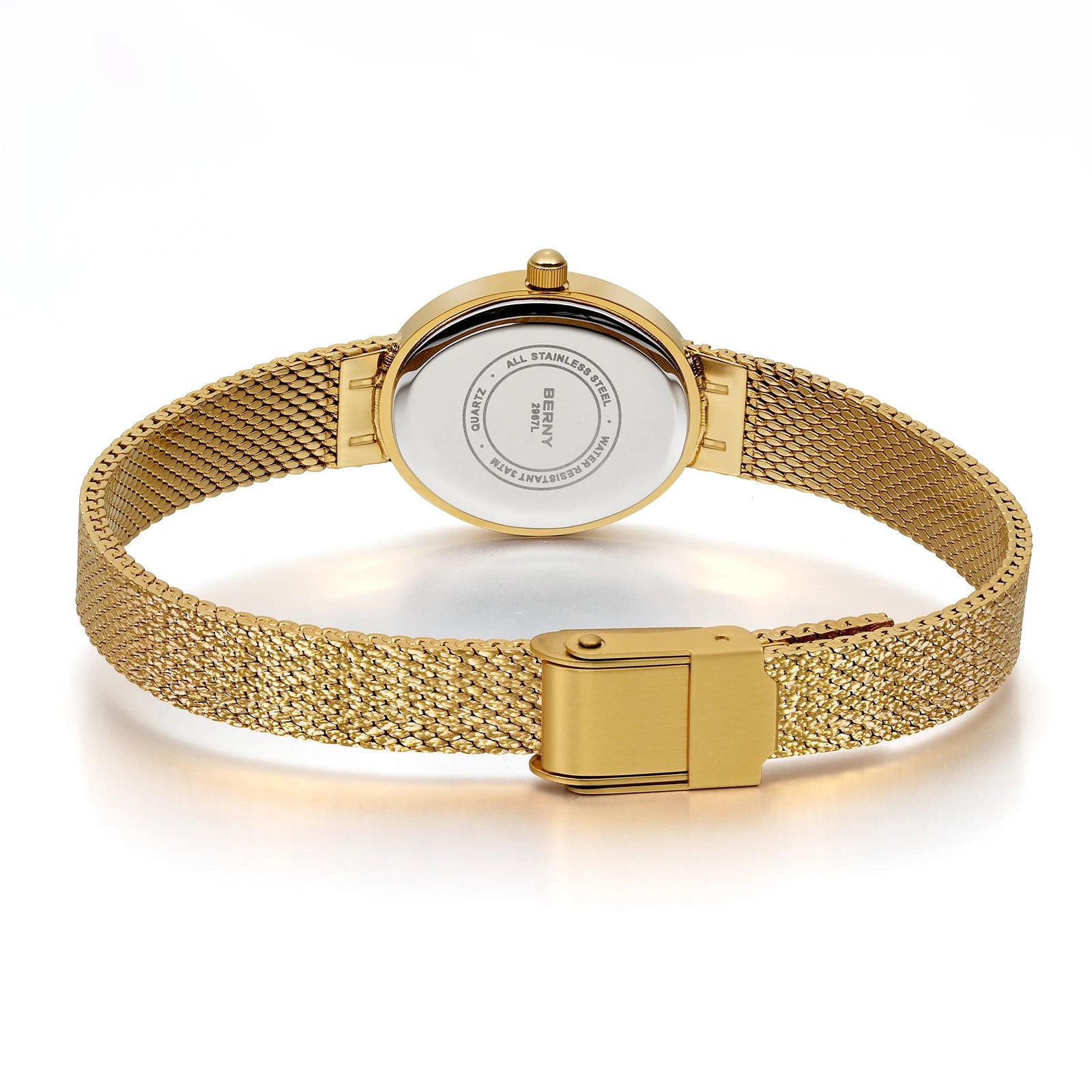 Relogio feminino oval dourado berny de luxo quartzo a prova de agua