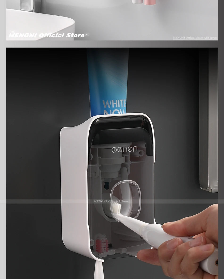 Dispensador de Pasta de Dente MENGNI – Suporte de Parede para Banheiro com Espremedor de Pasta e Porta-Escovas (Instalação sem Furos / Operação Manual)