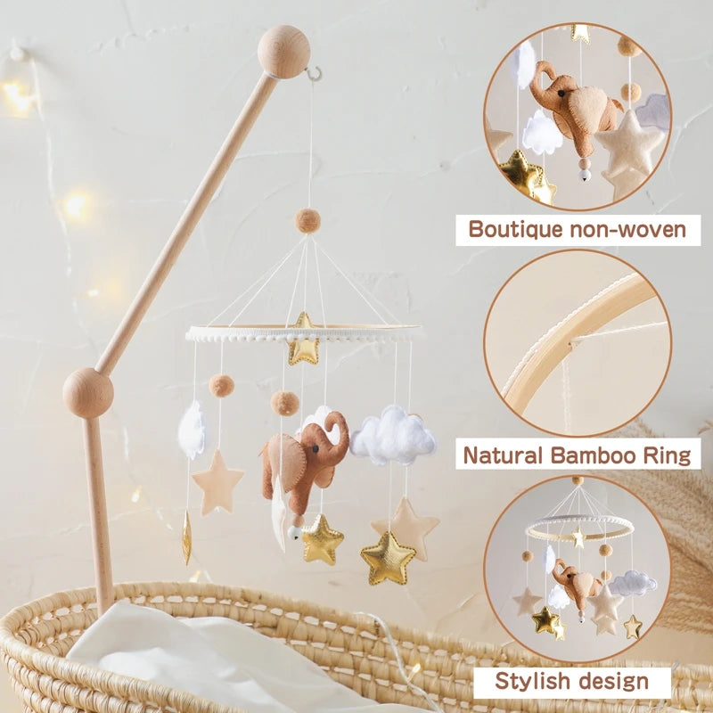 Crib Mobile Bed Bell Wooden Baby Rattles Soft Felt Cartoon Animal Bed Bell Newborn Music Box Hanging Toy Crib Bracket Baby Gifts