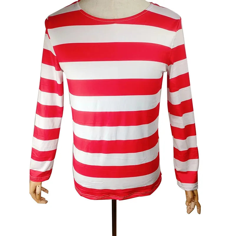 Wheres Waldo Cosplay Striped Shirt Youth Kids Wally Costume Shirt Glasses and Hat Socks Unisex Adults Christmas Cosplay Costumes