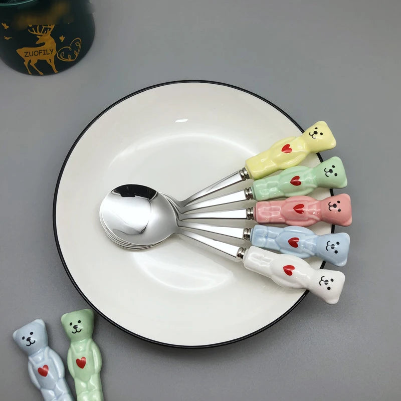 New Cute Bear Spoon Fork Ceramic Dessert Milk Fruit Salad Spoons Cartoon Flatware Kid Cutlery Tableware School Picnic Dinnerware