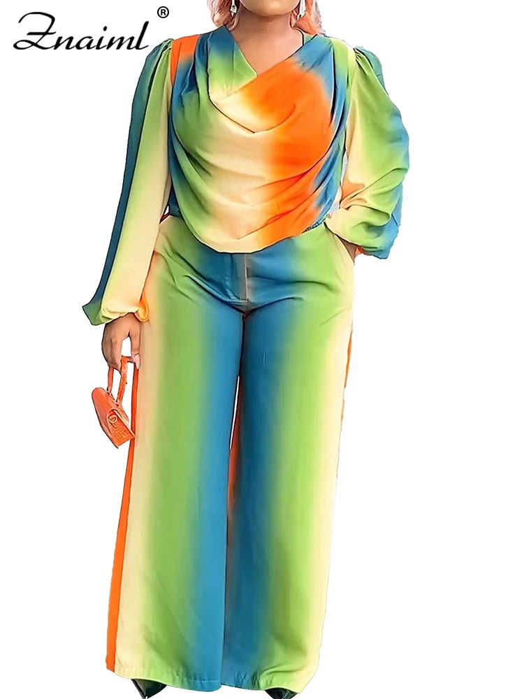 Znaiml Lantern Sleeve Top and Wide Leg Pants Two Piece Set Rainbow Gradient Print Women Outfits Elegant Office Birthday Party
