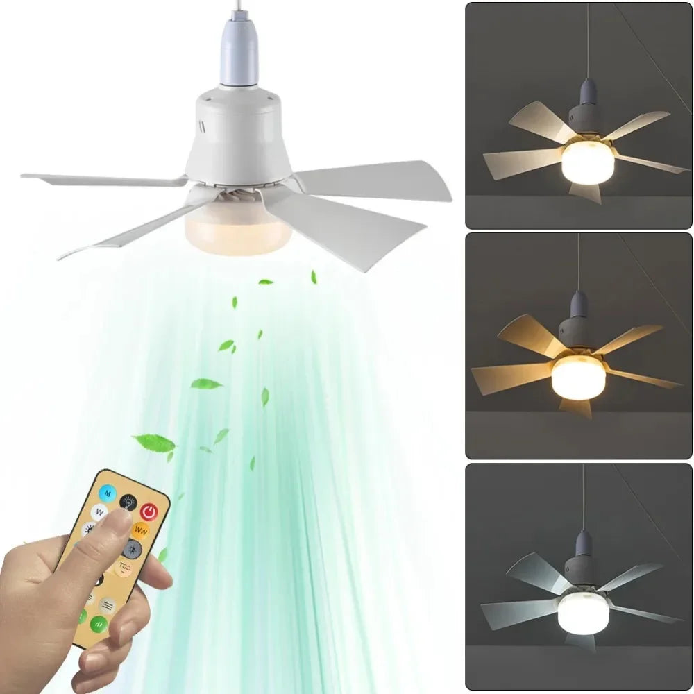 E27 Screw Head LED Fan Light Remote Control Three Color Dimming Detachable Fan Leaf for Kitchen Bedroom Smart Silent Use 85-265V