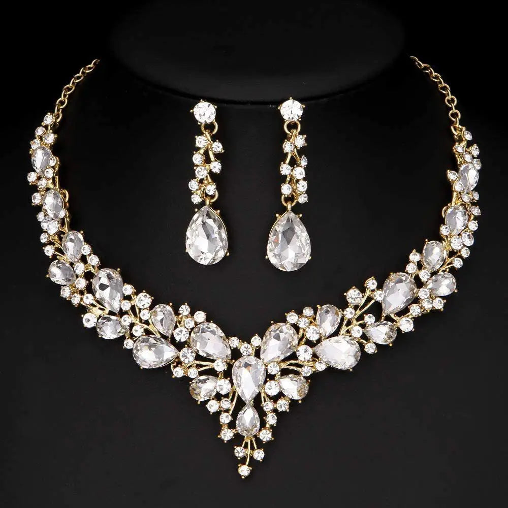 1 Juego de joyas para mujer, para fiesta, boda, novia, cristal austriaco, lágrima, racimo, collar llamativo, pendientes colgantes, regalos para ella