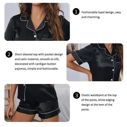 Conjunto de pijama de satén de seda para mujer, conjunto de pijama de dos piezas, ropa de dormir, pijama con botones, pijama de mujer de 2 piezas, conjunto de pantalones cortos para estar en casa