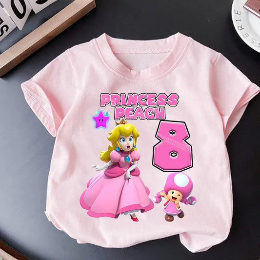 Camiseta con número de cumpleaños de Super Mario Bros para niña, ropa de princesa rosa melocotón, camisetas de manga corta para niño, camisetas de algodón, regalo de fiesta para niño