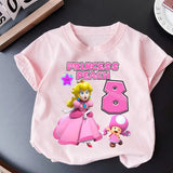 New Super Mario Bros Birthday Number T-Shirt Girl Princess Peach Pink Clothes Child Short Sleeve Tops Cotton Tees Kids Party Gift