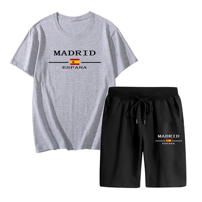 Madrid Spain Pattern T-shirts 2pcs Set High Quality Pure Cotton Tops and Quick Dry Shorts Mens Casual Sports Football Suits