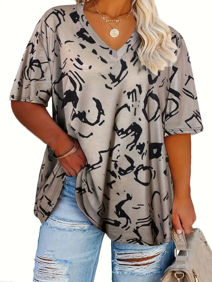 Camiseta informal de manga corta con cuello en V y estampado integral para mujer, talla grande, ropa de verano y primavera 