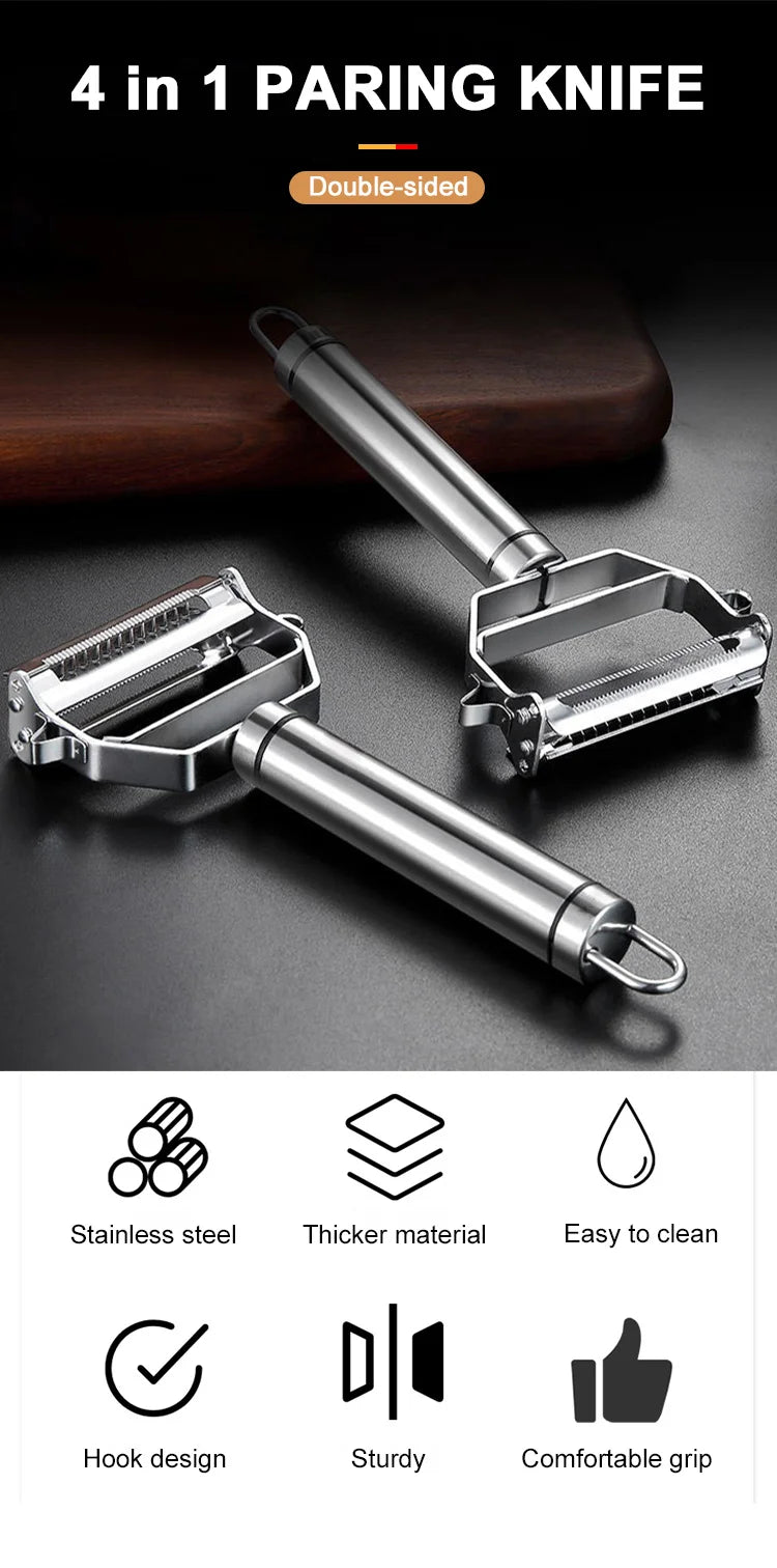 4in1 Vegetable Peeler Stainless Steel Melon Planer Multiple-Function Double-Head Peeler Household Kitchen Cucumber Slicer Tool