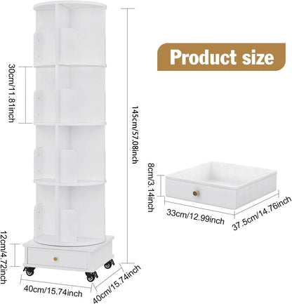 Wooden 4-layer Corner Bookshelf Can Rotating Movable Bookshelf With Single Drawer/Wheels/Storage Shelf For Study/Bedroom/Home