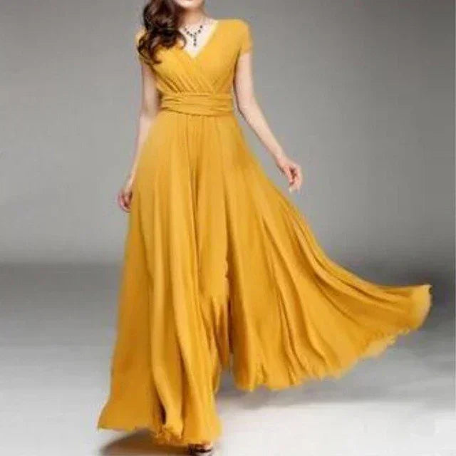 2026 Women's V Neck Short Sleeve Evening Party Dress Temperament Solid Colour Long Cocktail Chiffon High Waist Summer Dresses
