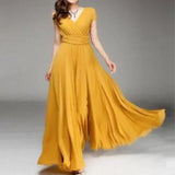 2026 Women's V Neck Short Sleeve Evening Party Dress Temperament Solid Colour Long Cocktail Chiffon High Waist Summer Dresses