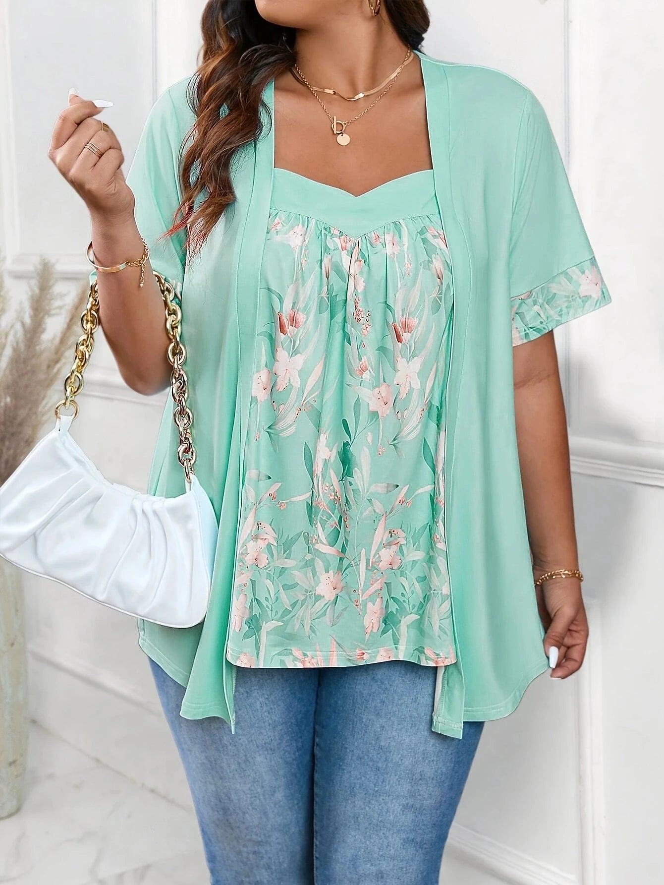 Camiseta plus size 2 em 1 com estampa floral, tops casuais de manga curta para primavera e verão, roupas femininas plus size