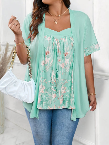 Camiseta plus size 2 em 1 com estampa floral, tops casuais de manga curta para primavera e verão, roupas femininas plus size