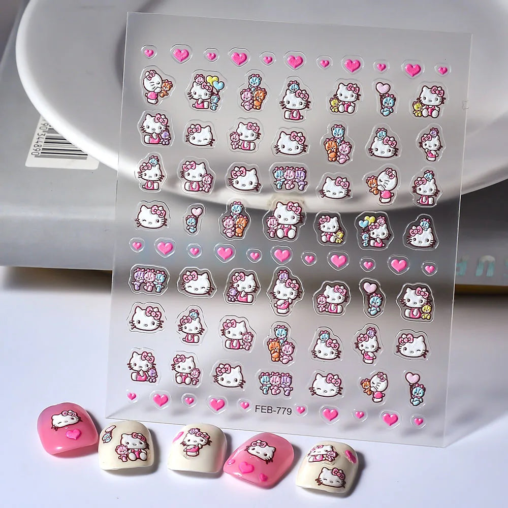 Sanrio Anime 5D Nail Stickers Hello Kitty Kurome Cartoon Stickers Nail Decoration Cute Melody Nail Art Decals Nail Art Supplies