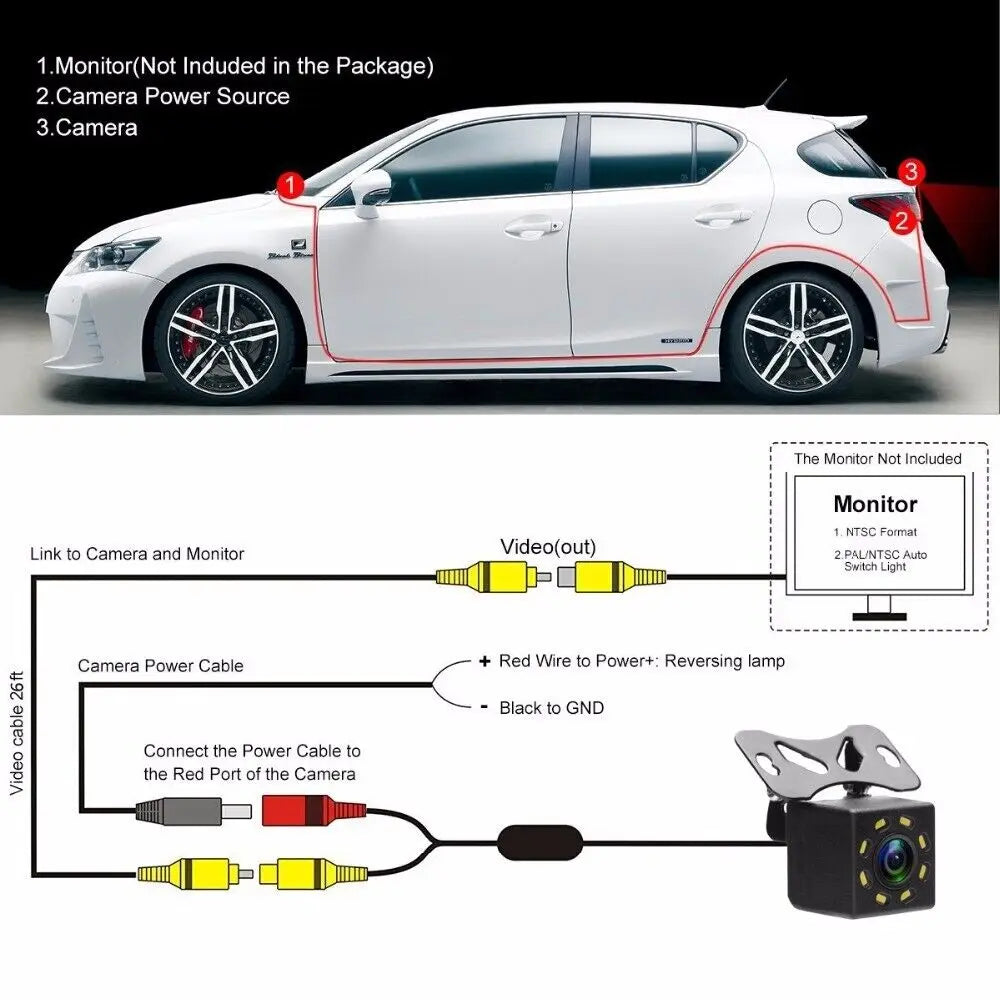Câmera de ré automotiva à prova d'água 12V Amplo ângulo Visão noturna Estacionamento reverso CCD LED Monitor de ré universal